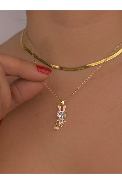 Furtek Aksesuar Rabbit with Bag Gold Steel Necklace Italian Chain Combination Set 2-Piece Necklace Gift Minimal Tarnish-Free