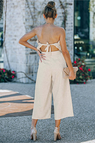 WildFashion Elegant sleeveless jumpsuit with wide trousers, beige N887-155