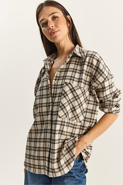 Bianco Lucci Women's Plaid Patterned Stone Printed Relaxed Shirt 2166 60283877