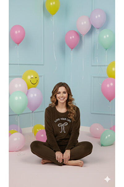 FAMES PİJAMA Winter Fleece Pajama Set Kurdale Embroidery