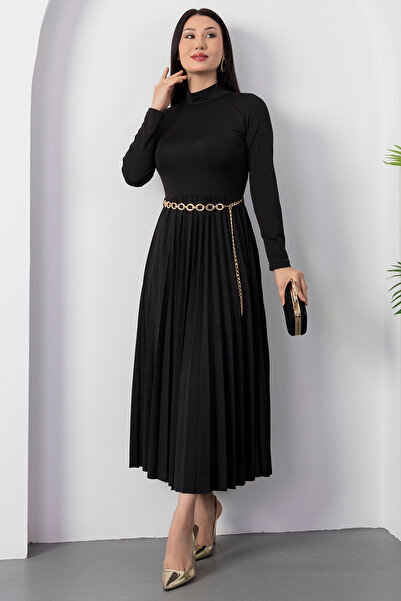 PULLIMM Half Fisherman Skirt Pleated Belted Dress 2025-4400