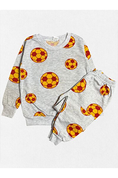 Pajama Shop Boy's Cotton Fabric Gray Color Fleece-Lined Yellow Red Ball Pattern Long Sleeve Winter Pajama Set