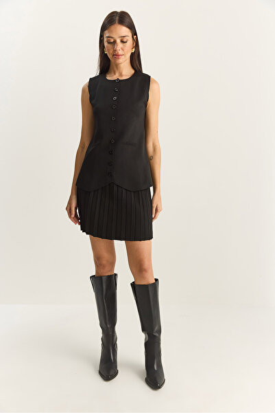 Bianco Lucci Women's Crew Neck Buttoned Knitwear Vest Pleated Mini Skirt Top and Bottom Set 280017-18 60283872