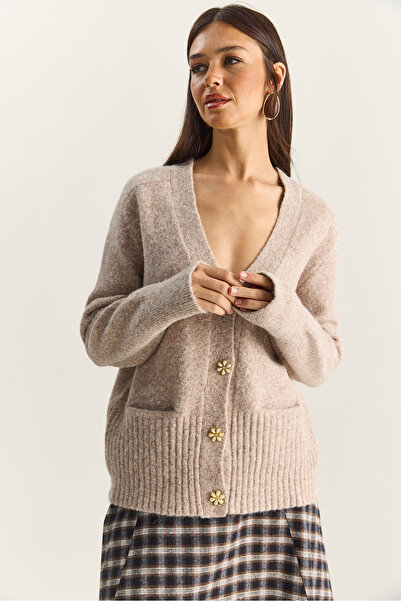 Bianco Lucci Women's V-Neck Stone Button Pocketed Soft Textured Knitwear Cardigan 2444 60283874