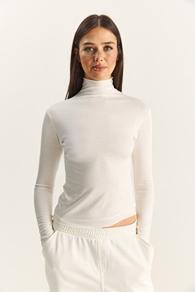 Bianco Lucci Women's Transparent Mock Neck Flexible Regular Length Knitted Blouse 6090 60283890