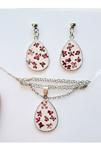 Ileanabiju Set de bijuterii din rășină — pandantiv cu lanț și cercei cu flori presate (oțel inoxidabil)