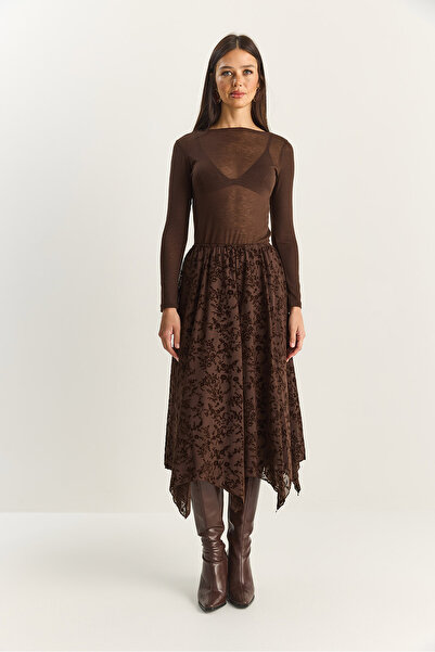 Bianco Lucci Fusta midi asimetrică cu talie elastică croială pentru femei, cu model din catifea, căptușită DE251125 60283880