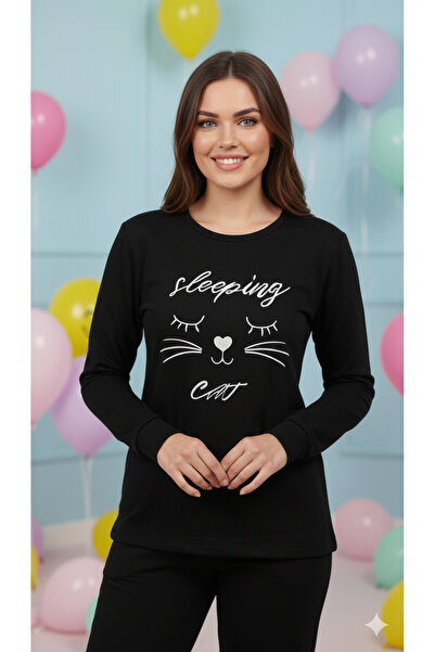 FAMES PİJAMA Winter Fleece Pajama Set Cat Embroidery
