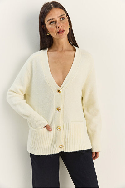 Bianco Lucci Women's V-Neck Stone Button Pocketed Soft Textured Knitwear Cardigan 2444 60283874