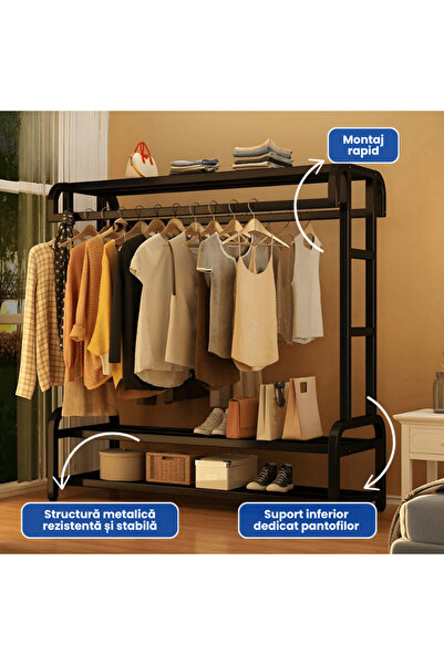 OferteTop Metal Clothes and Shoe Rack with Storage Shelf and Capacity Up to 50kg