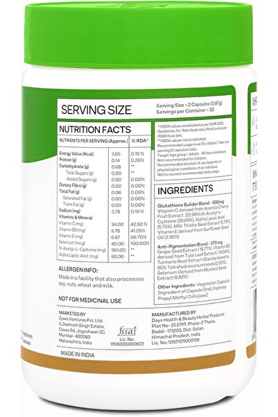 OZIVA Plant Based Glutathione Builder, 60 Capsules - Hydration, Skin Brightening & Antioxidant