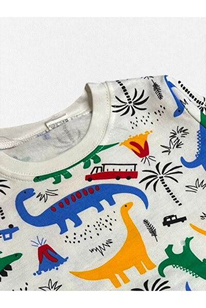 Pajama Shop Boys' Cotton Fabric White Color Fleece-Lined Dinosaurs Patterned Long Sleeve Winter Pajamas Set