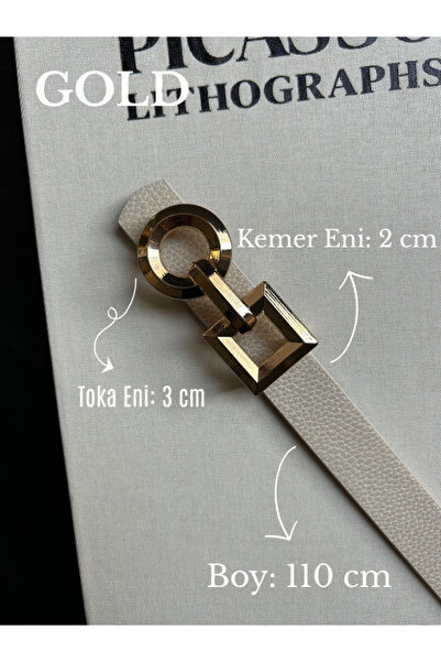 LİA KEMER 2-Piece Spire Interlocking Ring Pattern Women's Gold Buckle Belt Jacket Belt Dress Belt Trouser Belt
