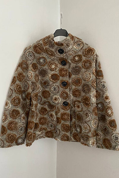 AYASOFYA OTANTIK Γυναικείο ιταλικό καφέ παλτό από τσόχα με σπειροειδές σχέδιο...