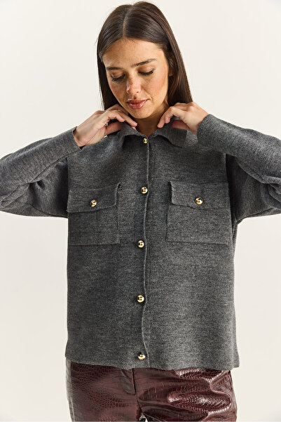 Bianco Lucci Women's Gold Button Detailed Pocketed Knitwear Cardigan Th251074 60283884