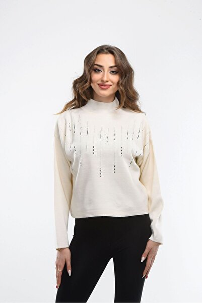 H&E LUXURY DESIGN Pulover de tricotat confortabil negru pentru femei croială cu pietre aplicate