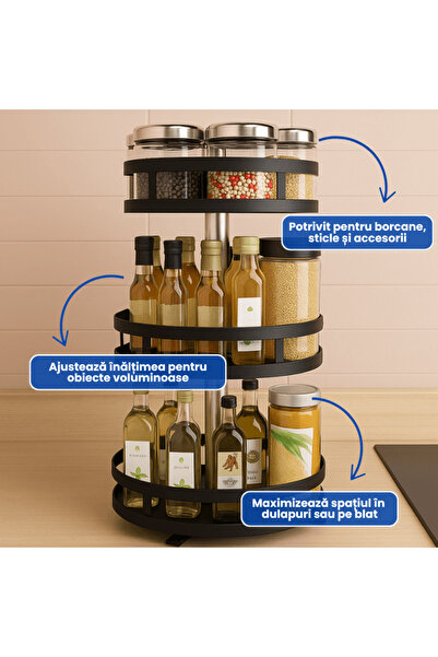 OferteTop 3-Tier Metal Kitchen Organizer, Adjustable Height and 360° Rotatable