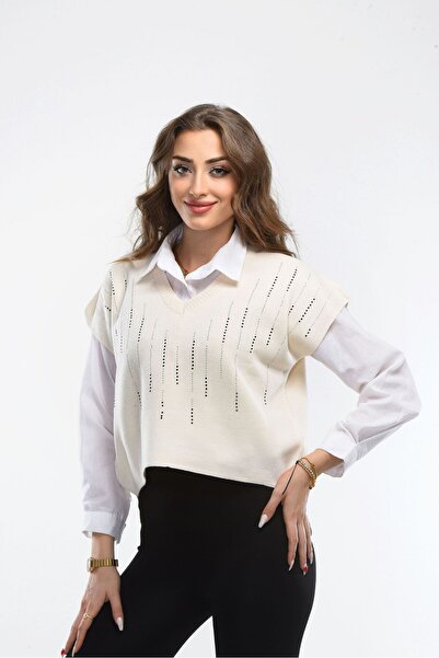 H&E LUXURY DESIGN Women's V-Neck Stone Detailed Comfortable Sweater