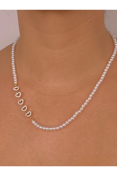 Furtek Aksesuar Minimal Heart Detailed Pearl Bead Necklace Model Gold Plated Detail
