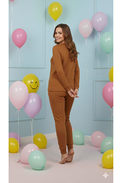 FAMES PİJAMA Winter Fleece Pajama Set Cat Embroidery