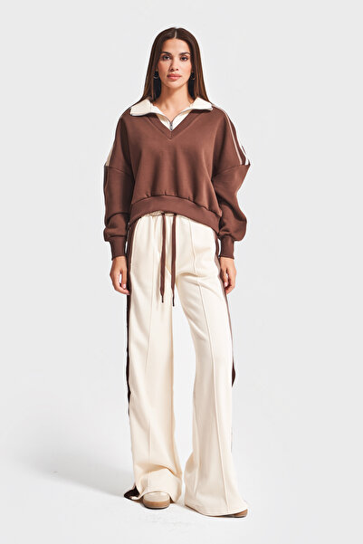 its basic Γυναικείο καφέ μπεζ w5-16 Φούτερ και παντελόνι αθλητικής φόρμας 2 τεμαχίων σε συνδυασμό σχεδίου
