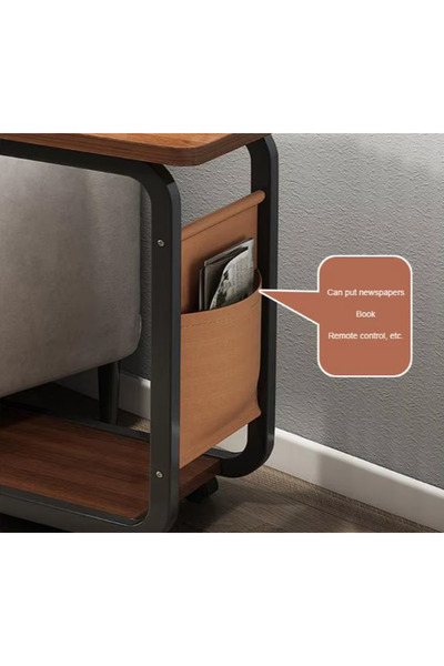 Teknova Mobile side table with wheels, metal & wood, C-shape, 40×30×62 cm, with magazine pocket