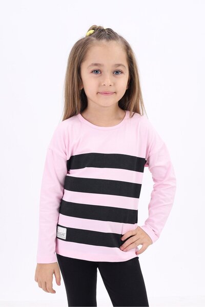 Toontoy تي شيرت مخطط بأكمام طويلة وياقة دائرية للفتيات مطبوع