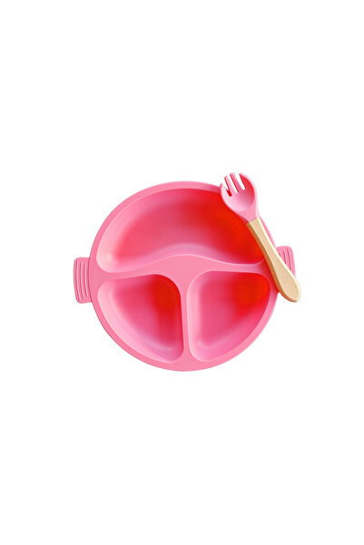 NO BRAND Silicone baby plate and fork set with suction cup - Pink, BPA free