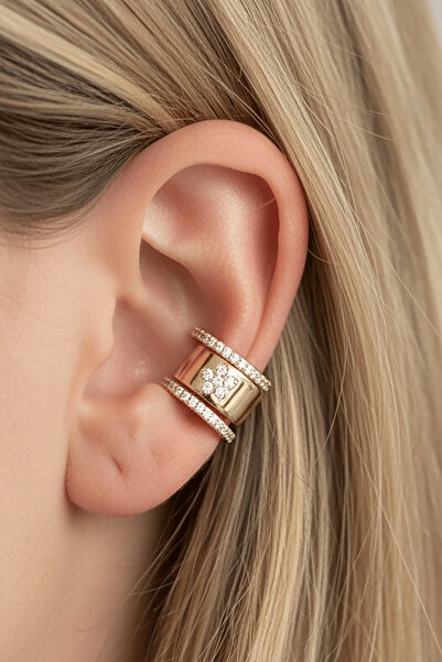 TAKIŞTIR Altın Renk Çiçek Figürlü Taş Detaylı 14K Altın Kaplama TX Ear Cuff (...