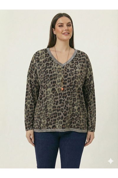 della moor Mink Italian Plus Size Leopard Print Blouse with Necklace, Sizes 42 - 48