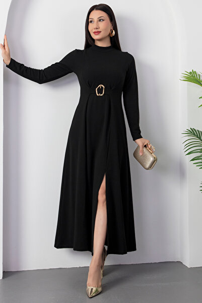 PULLIMM Mock Neck Long Sleeve Buckle Acrylic Dress 2025-4407
