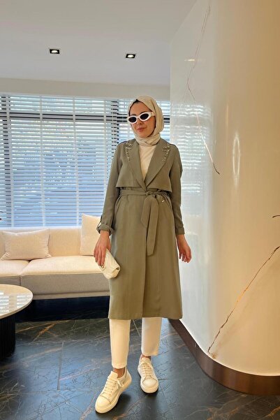 Nazen Giyim TAŞ İŞLEMELİ ASTARSIZ CUPRA HAKİ KADIN TRENCHKOT MB25.73-2Y5