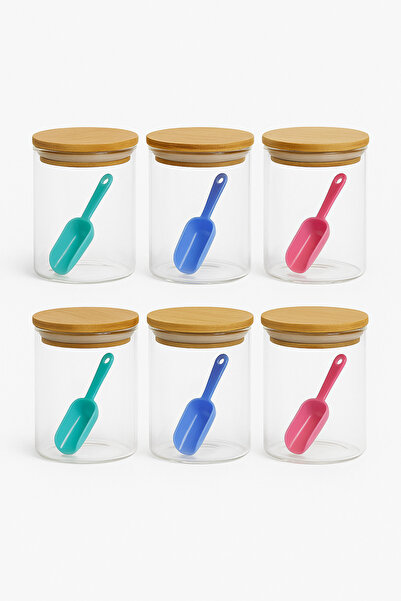 PERLAEVKAHVE Set of 6 Glass Spice Jars with Bamboo Lids – with Colored Scale Spoon, Kitchen Organization Storage Container