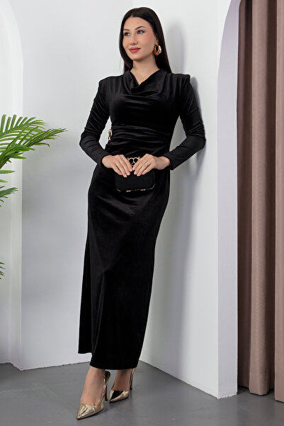 PULLIMM Βελούδινο φόρεμα με μακρυμάνικο γιακά και αγκράφα 2025-4371