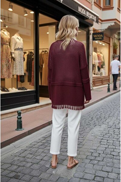 Cockatoo Women's Burgundy Openwork Detailed Knitwear Cardigan