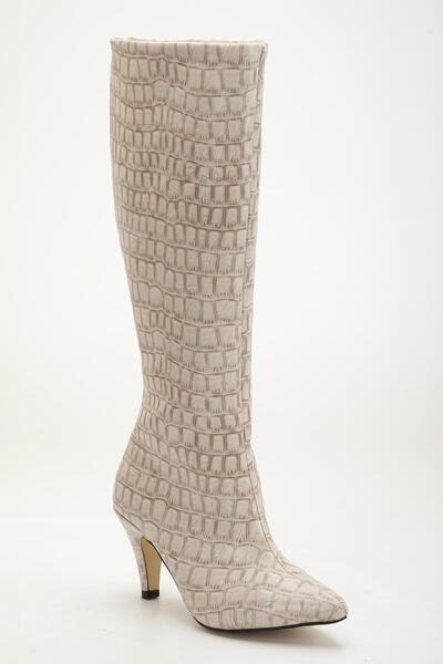 Fagi Siesta Beige Crocodile Leather Thin Heeled Below-The-Knee Boots