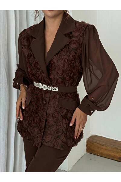 1Moda1Tarz Women's Imported Fabric Top with Rose Pattern Sleeves, Chiffon, Stone Belt Detail, Lined, Special Design Suit