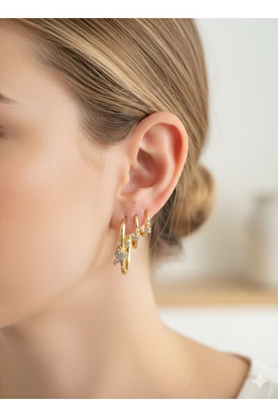 Mek Accessories Kadın Çelik Kararmaz Garantili 3’lü Fiyonk Detaylı Küpe