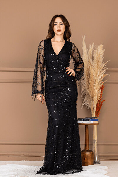 BEYBOS Pul Saçaklı Tasarım Elbise - Siyah