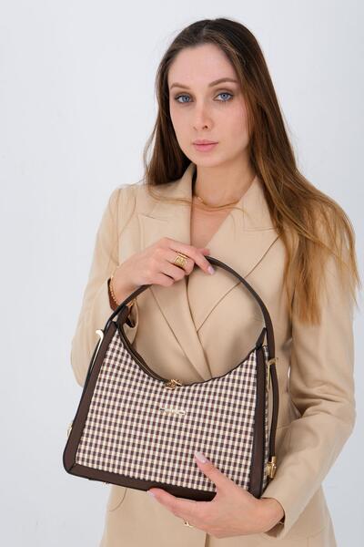 Silver Polo Coffee Yellow - Brown Plaid Line Square Women's Shoulder Bag Sp1187