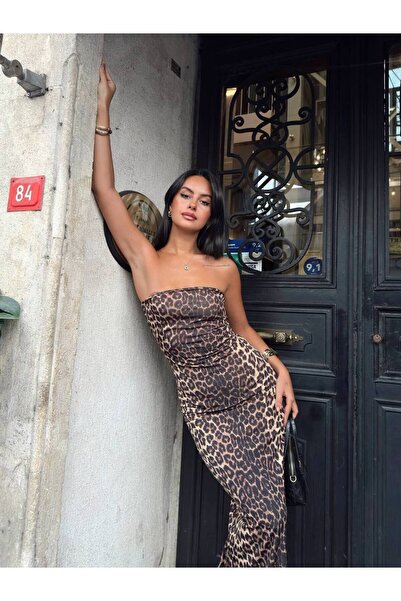 euro click Leopar Desenli Straplez Yırtmaçlı Elbise