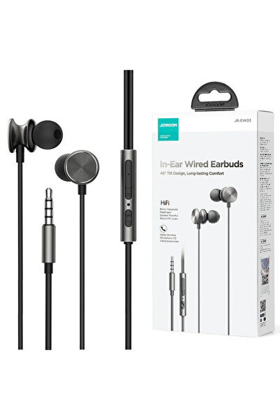 TelcoMag Joyroom (JR-EW03) - Casti cu fir, In Ear, 3.5mm, 1.2m, Buton microfon și volum, HiFi, Gri