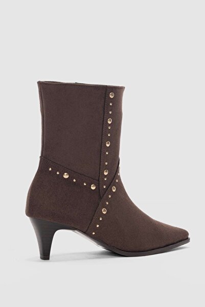 selin shoes Aurelis Short Heeled Pointed Toe Women's Boots - Brown Suede