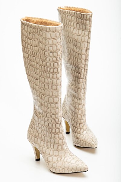 Fagi Siesta Beige Crocodile Leather Thin Heeled Below-The-Knee Boots