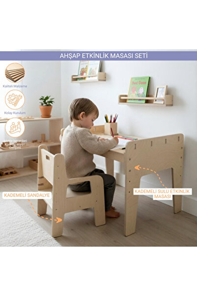 Pooki playroom Montessori Ahşap Etkinlik Masası ve Sandalyesi (kademeli) 2-7 ...