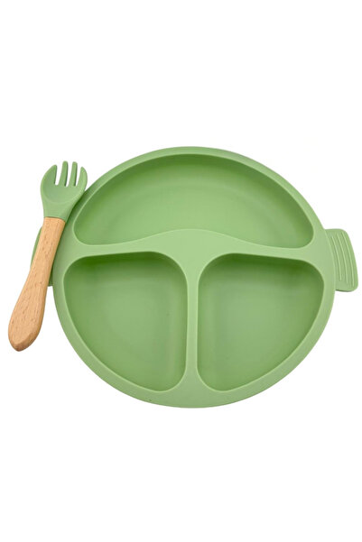 NO BRAND Silicone baby plate and fork set with suction cup - Green, BPA free