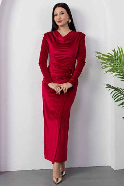 PULLIMM Degaje Yaka Shoulder Shoulder Pad Piece Long Sleeve Velvet Dress 2025-4397