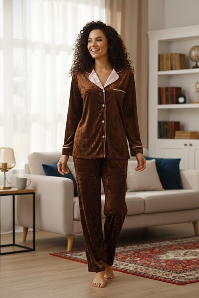 Miss Dünya Lissa Brown Shirt Collar Front Buttoned Long Sleeve Velvet Women's Pajama Set