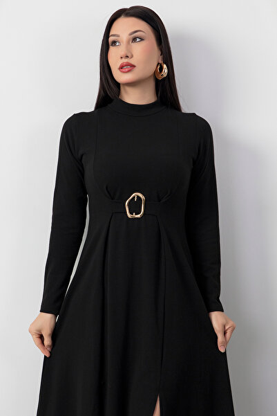 PULLIMM Mock Neck Long Sleeve Buckle Acrylic Dress 2025-4407