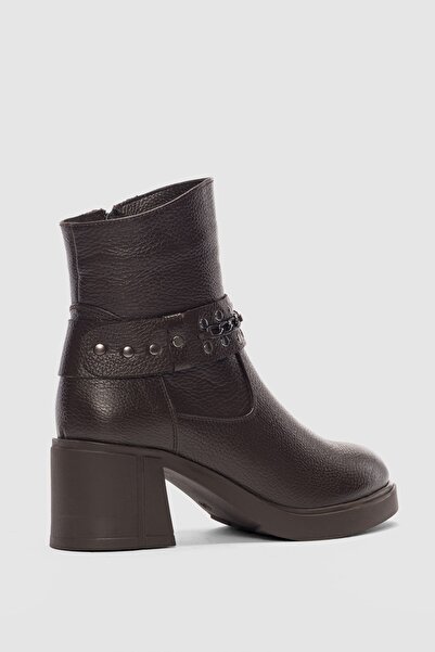 selin shoes Lorixa Genuine Leather Accessory Detailed Side Zipper Women's Boots - Brown